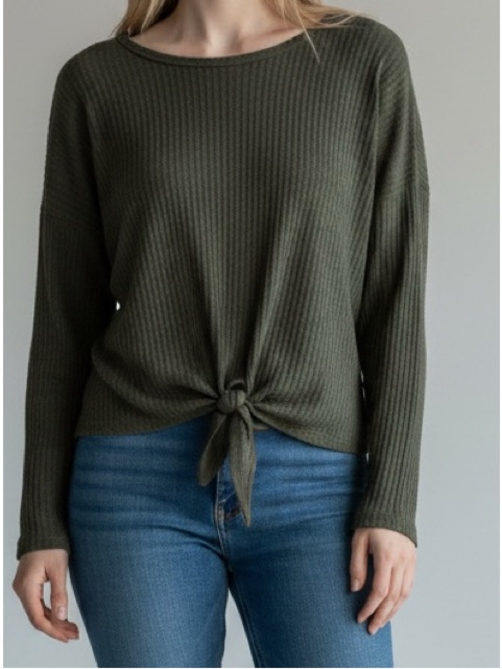 Caution To The Wind Small Green Waffle Knit Long Sleeve Tie Front Top
